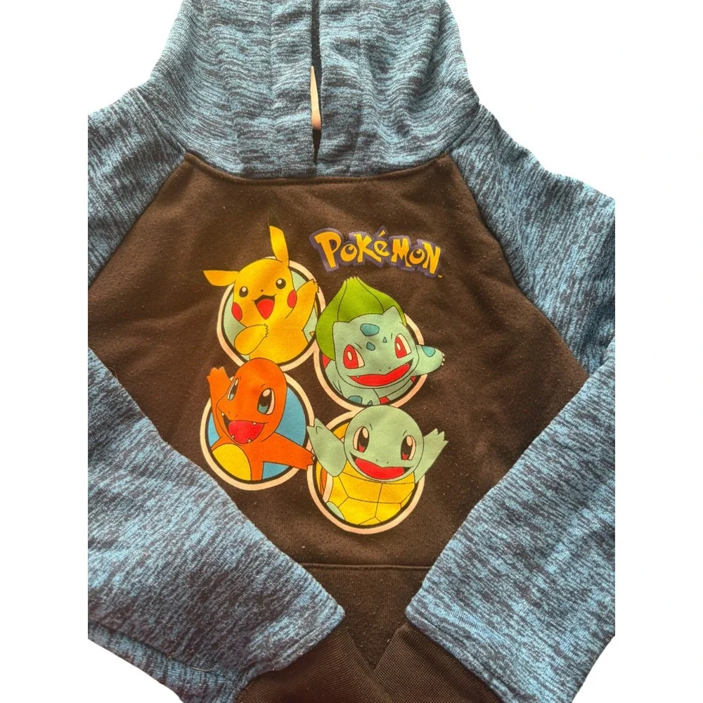 Pokemon Hoodie Youth Size 5/6 Blue Black Pullover Pikachu Charmander Bulbasaur